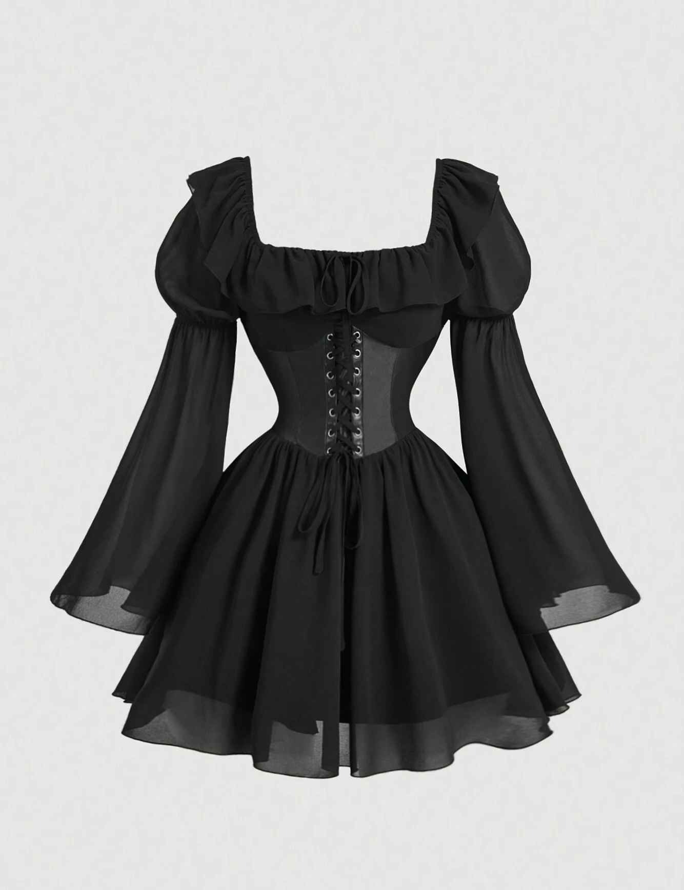 SHEIN MOD Black Chiffon Patchwork PU Waist Vintage Flare Sleeve A-Line Dress, Semi Formal Dress, Fall Women Clothes, Ruffle Dress, Formal Dress, Homecoming Dresses, Prom Dress, Renaissance Dress, Cruise Women Outfits, Fairy Core, Cottage Core, Clothe