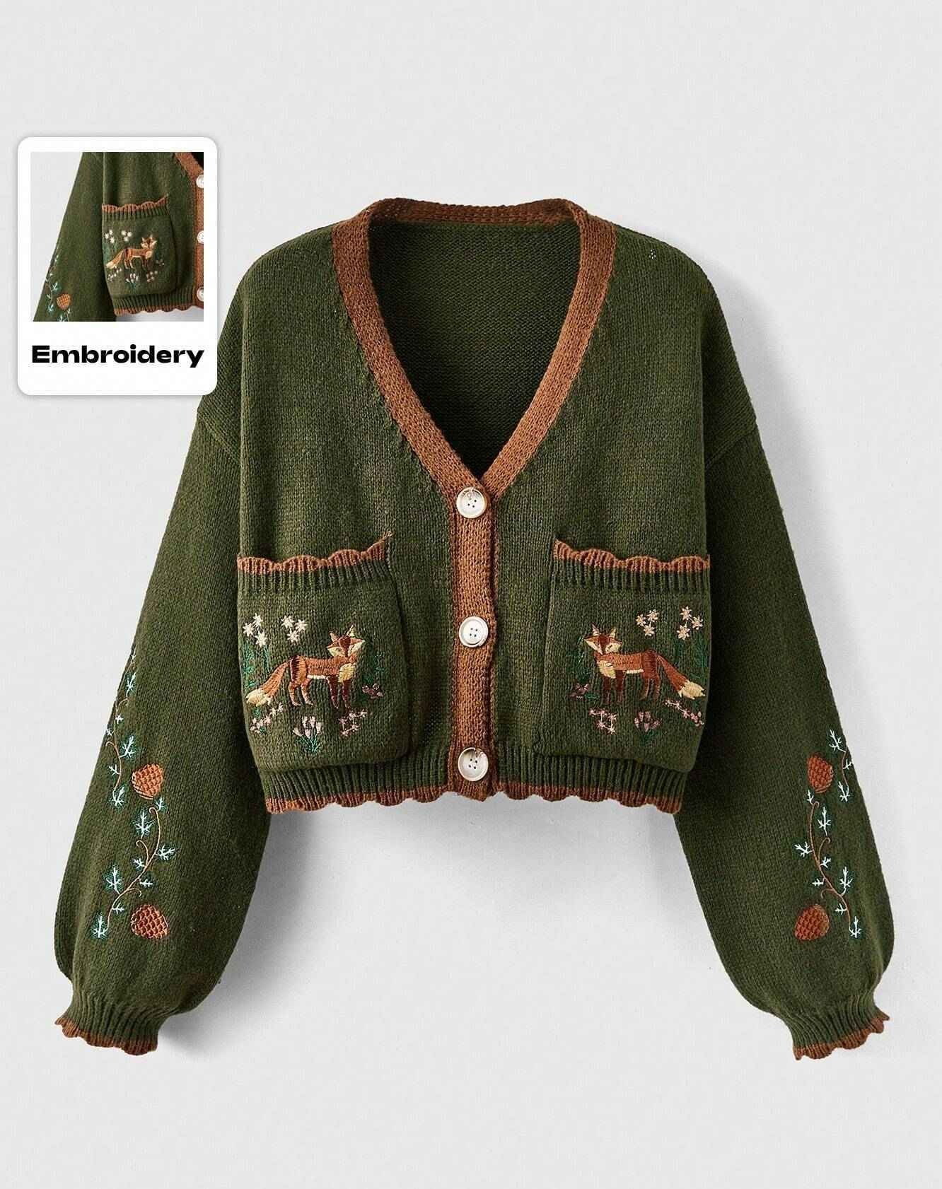 ROMWE Fairycore Flower Embroidery Patchwork Border Cardigan, School