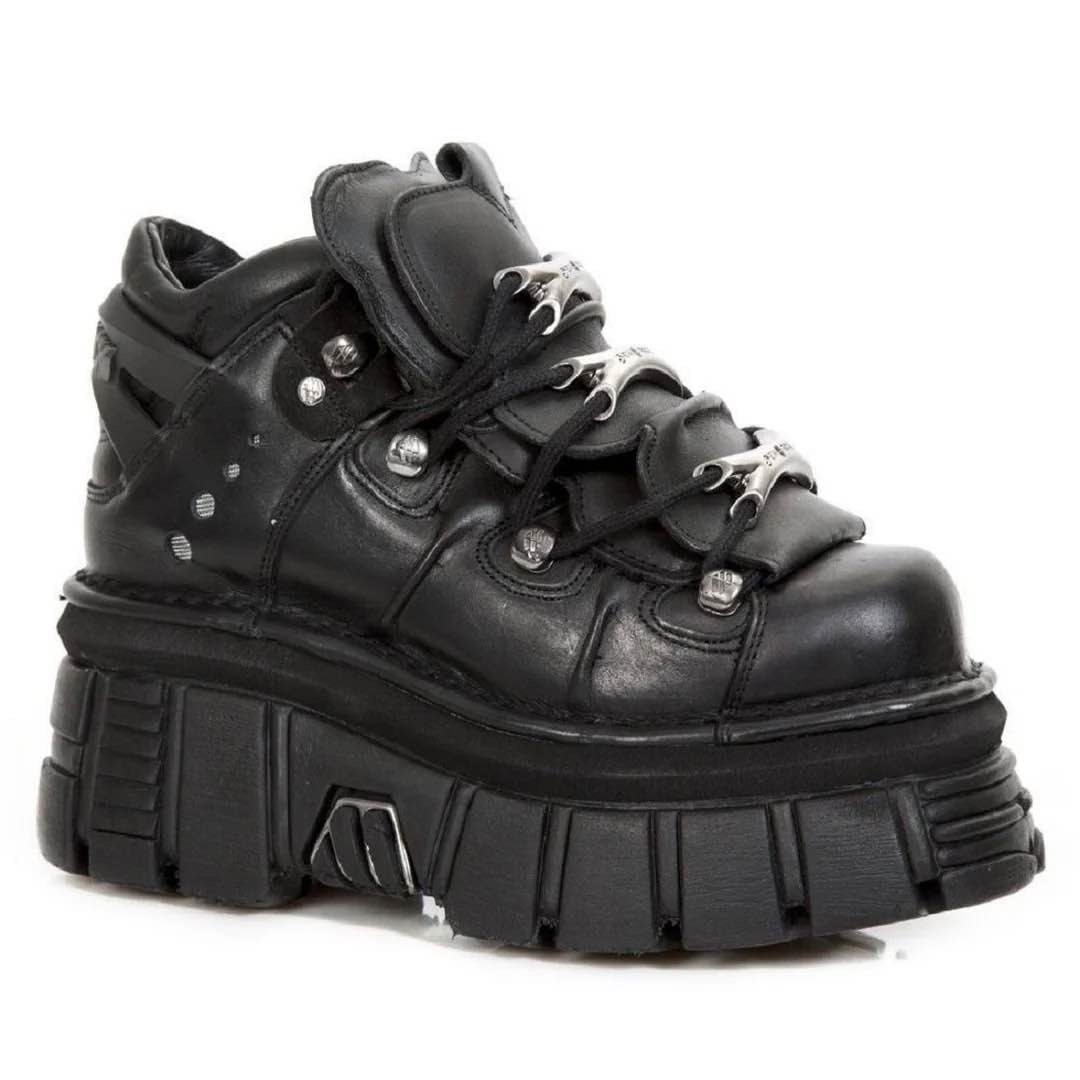 NEW ROCK 106-S29 TOWER SHOES Metallic Black Leather Biker Punk Gothic Boots