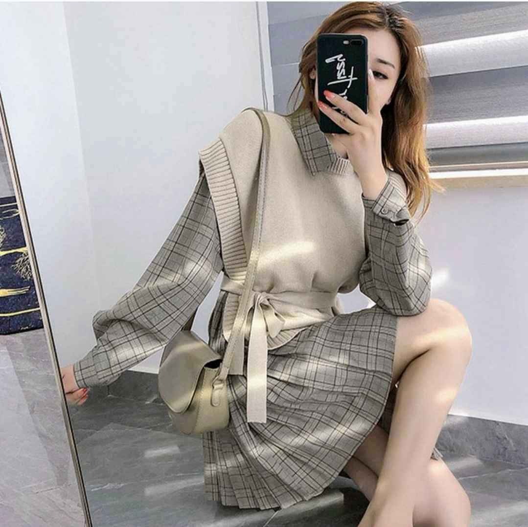 Vintage Loose Knitted Sweater Vest Pleated Dress Two Pieces Set