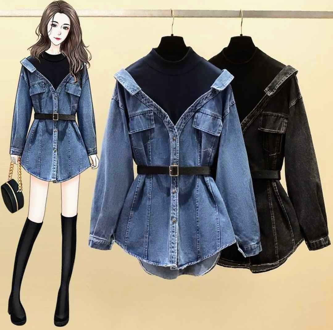 Plus Size Round Collar Splice Fake Two Pieces Denim Shirt