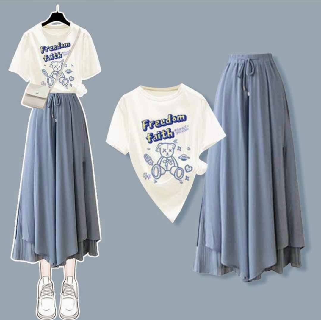 Cartoon Bear Letter Print T-Shirt Pantskirt Two Pieces