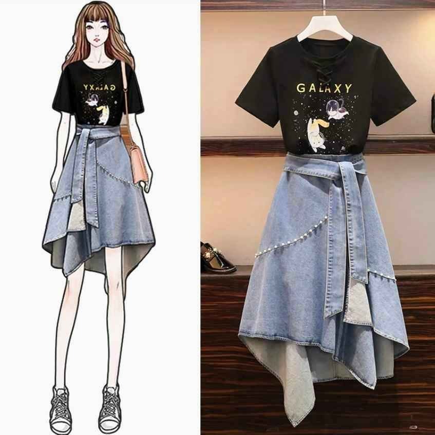 Cute Kitten T-shirt+Chic Denim Skirt