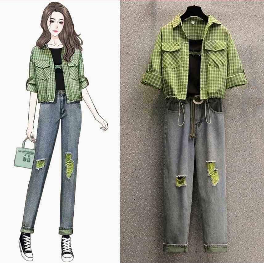 Fashion Hole Jeans Three-Piece Set