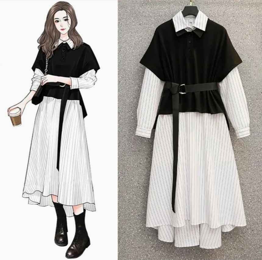 Fashion Stripe Dress Two-Piece Set