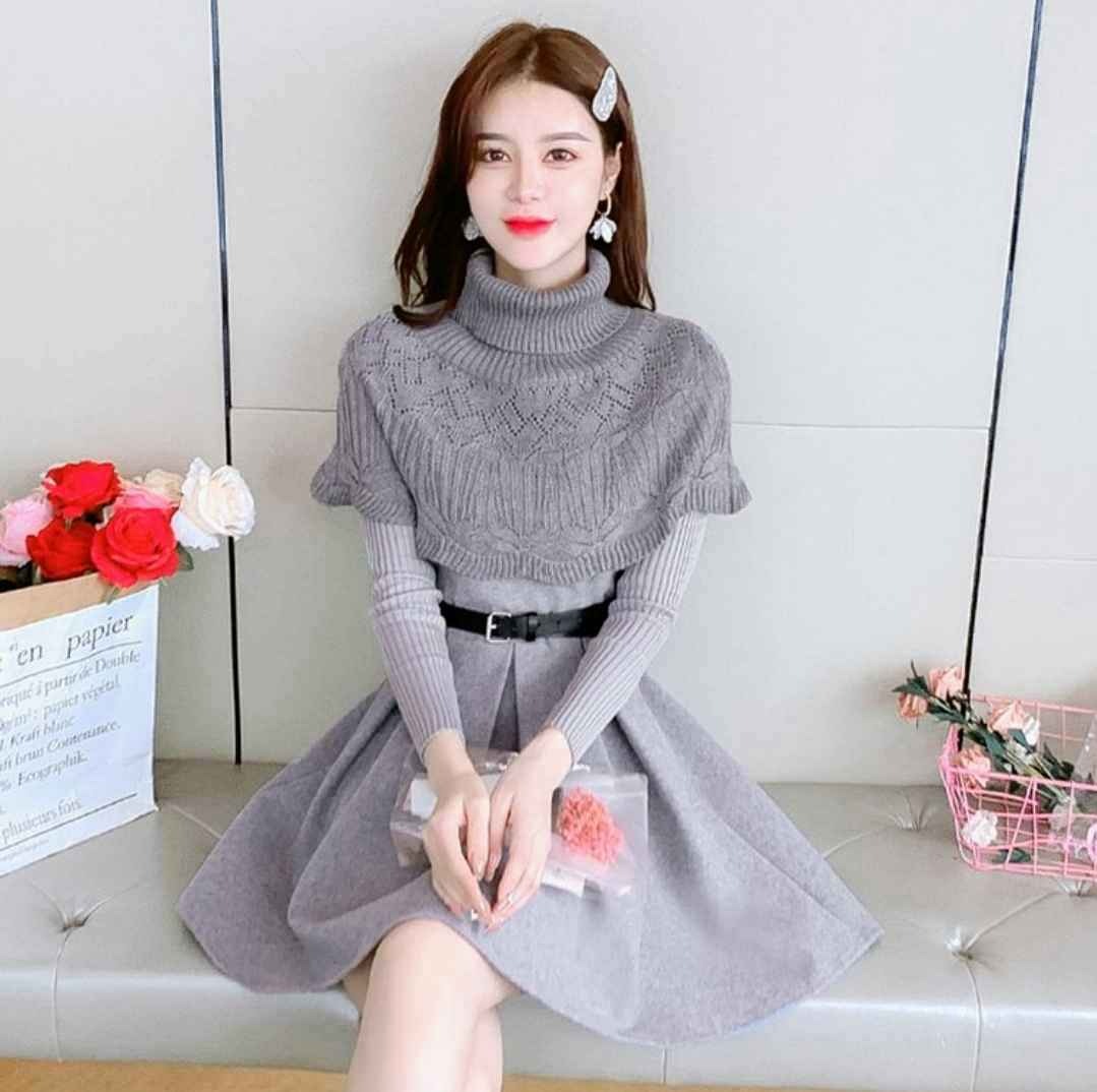 High Neck Belted Dress Two Piece Set