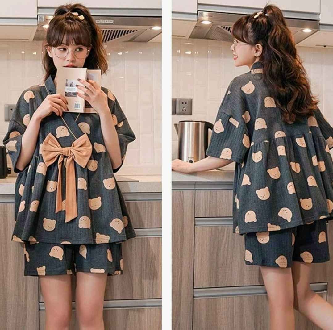 Cartoon Print Bow Knot V-neck Pajamas Set
