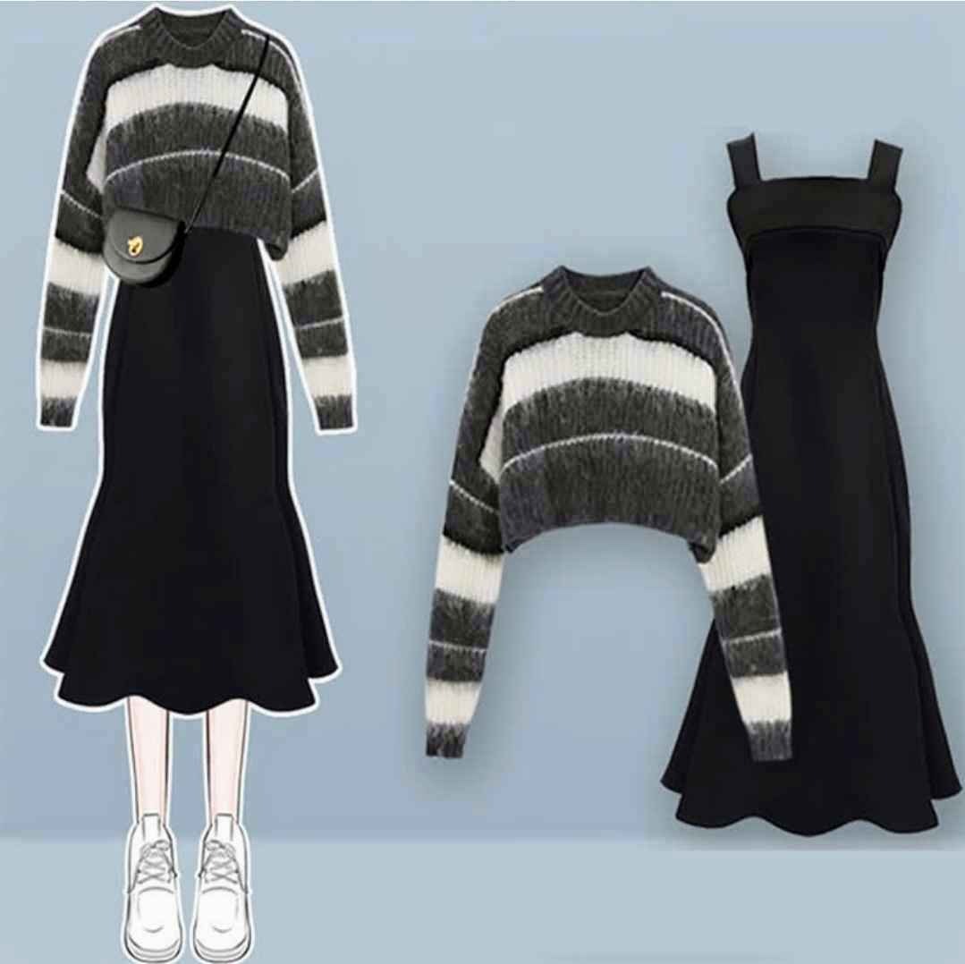 Chic Stripe Colorblock Sweater A-line Slip Dress Two Pieces