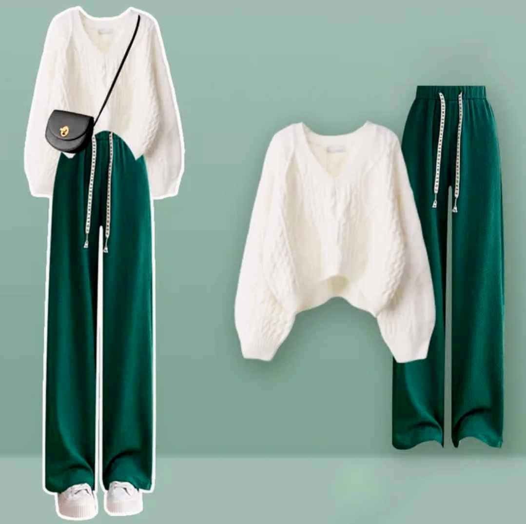 V-neck Cable Knit Sweater Casual Pants Two Pieces Set