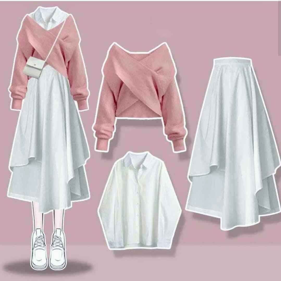 Cross Knit Sweater Lapel Shirt Irregular Skirt Three Pieces Set