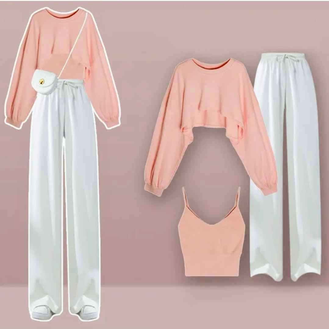 Pure Color Tank Top Sweatshirt Casual Pants Three Pieces Set