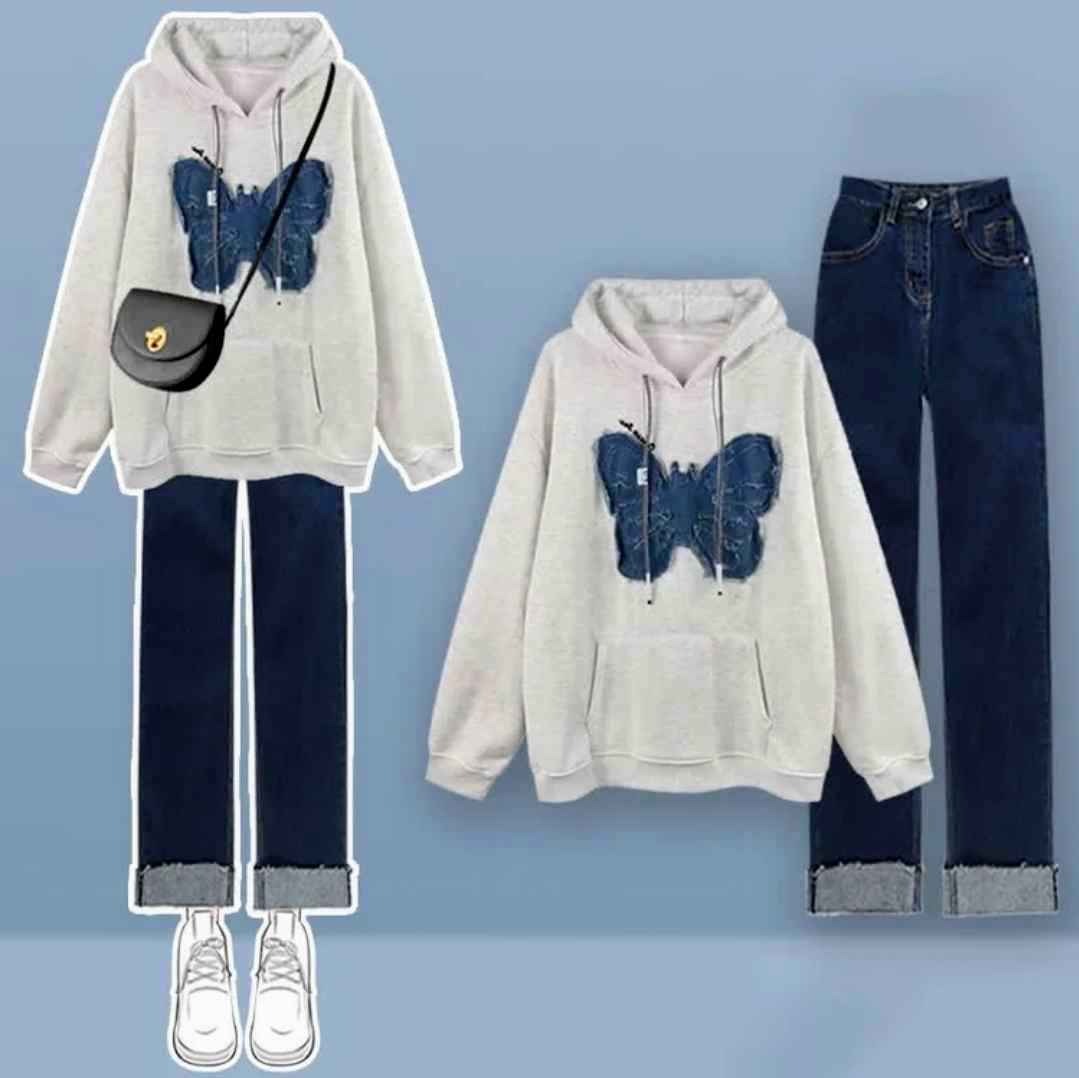 Butterfly Pattern Plush Hoodie Denim Pants Two Pieces Set