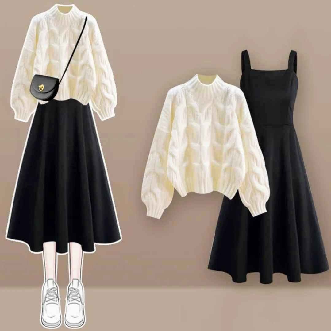 Chic Pure Color Cable Sweater Slip Dress Two Pieces Set