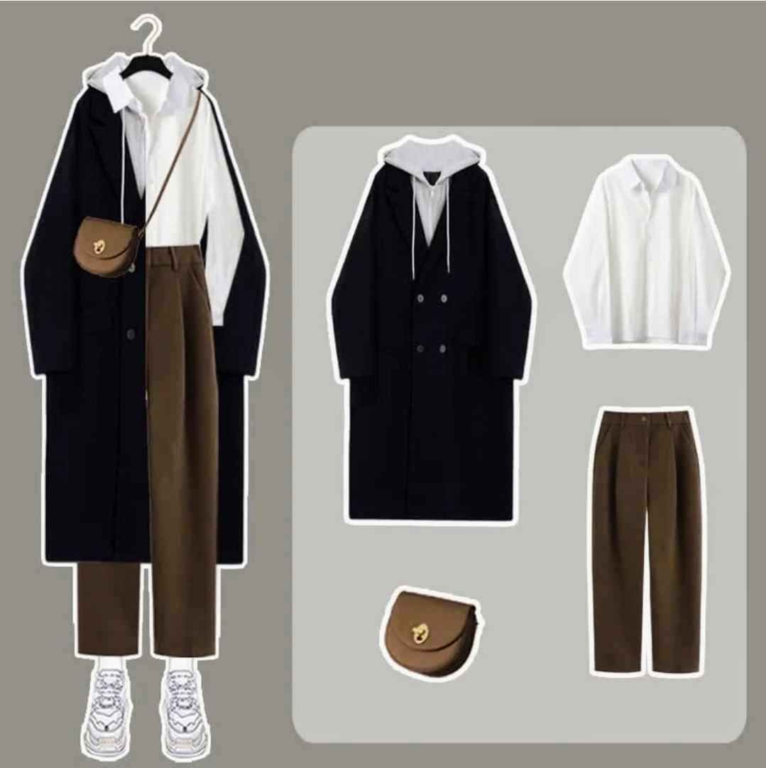 Colorblock Double Button Hooded Coat Lapel Shirt Pants Three Pieces Set