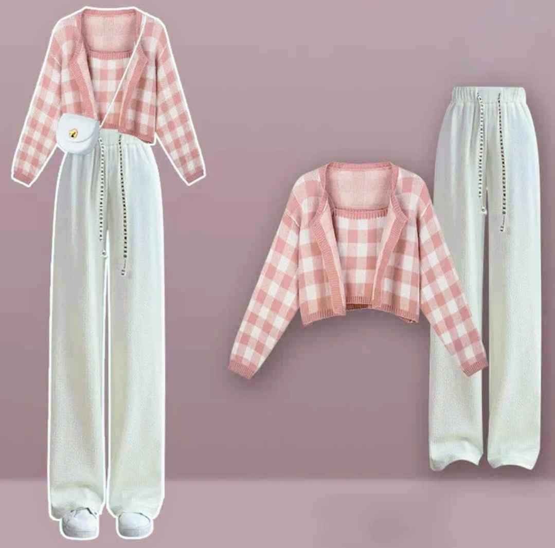 Chic Plaid Top Cardigan Sweater Casual Pants Three Pieces Set