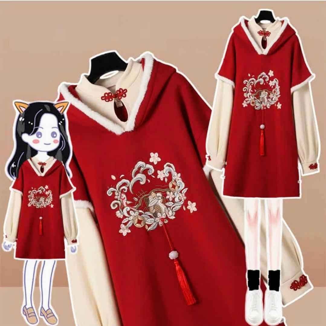 Cat Floral Embroidery Fringed Buckle Hoodie Vintage Sweatshirt Dress