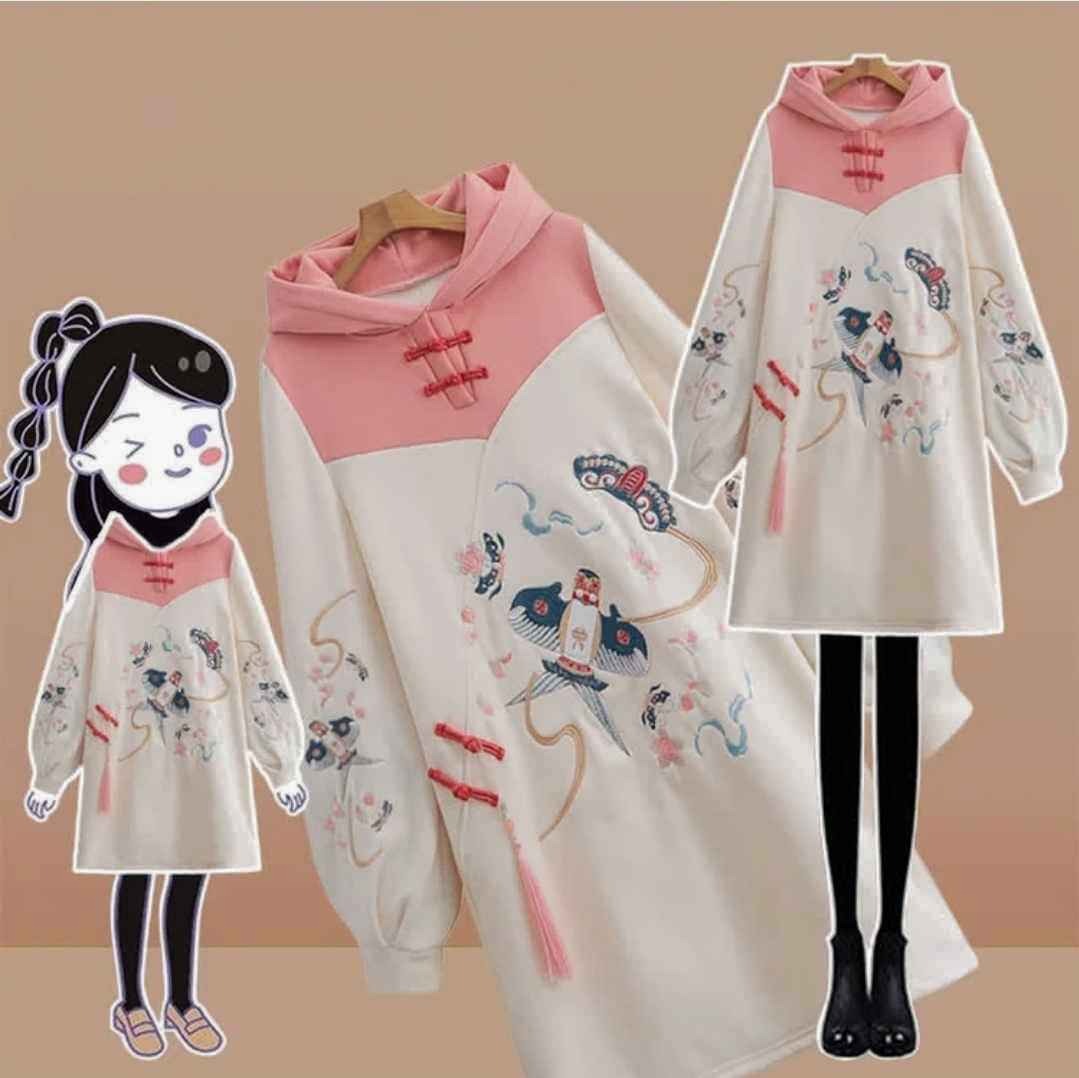 Kite Embroidery Colorblock Fringed Buckle Hoodie Vintage Sweatshirt Dress