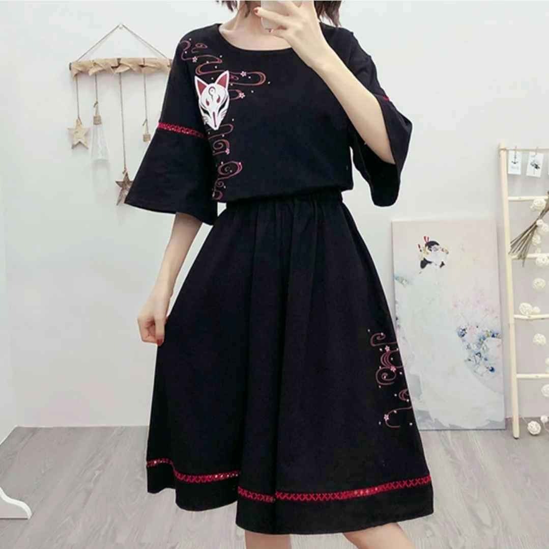 Vintage Sakura Fox Print Lace Up T-Shirt Wide Leg Pants Set