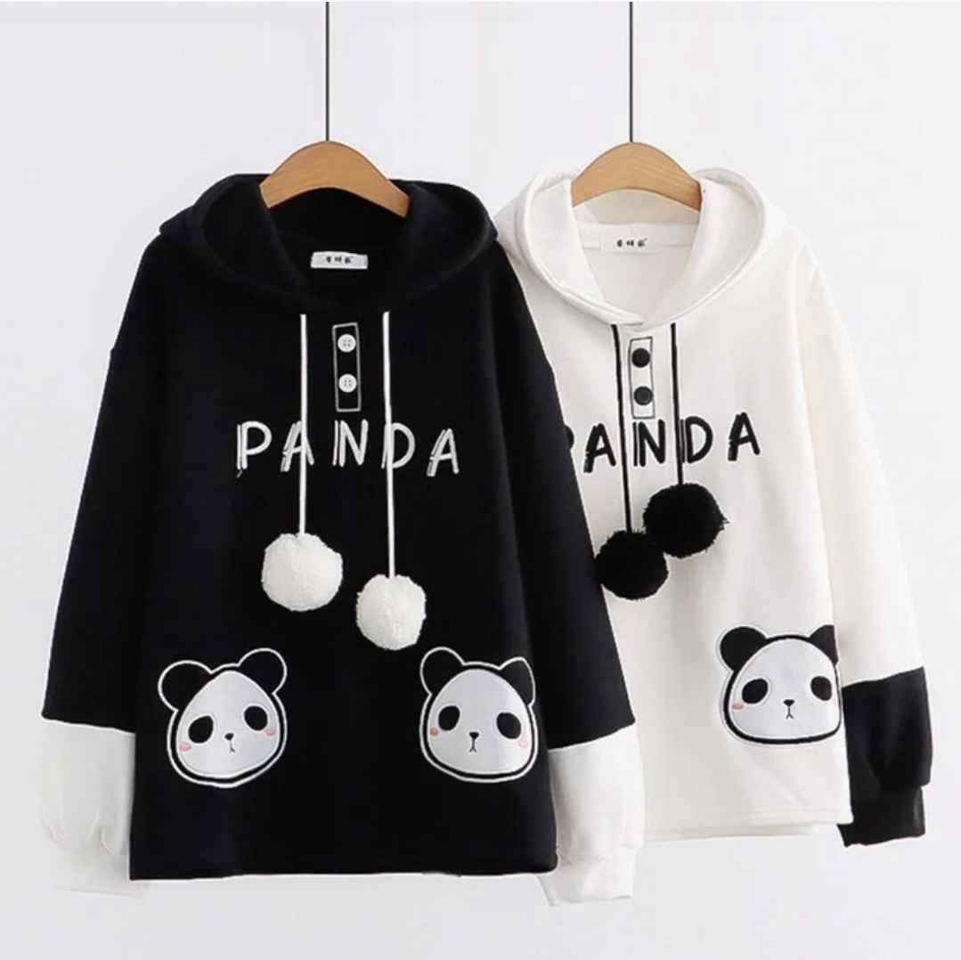 Cartoon Panda Letter Print Colorblock Plush Hoodie