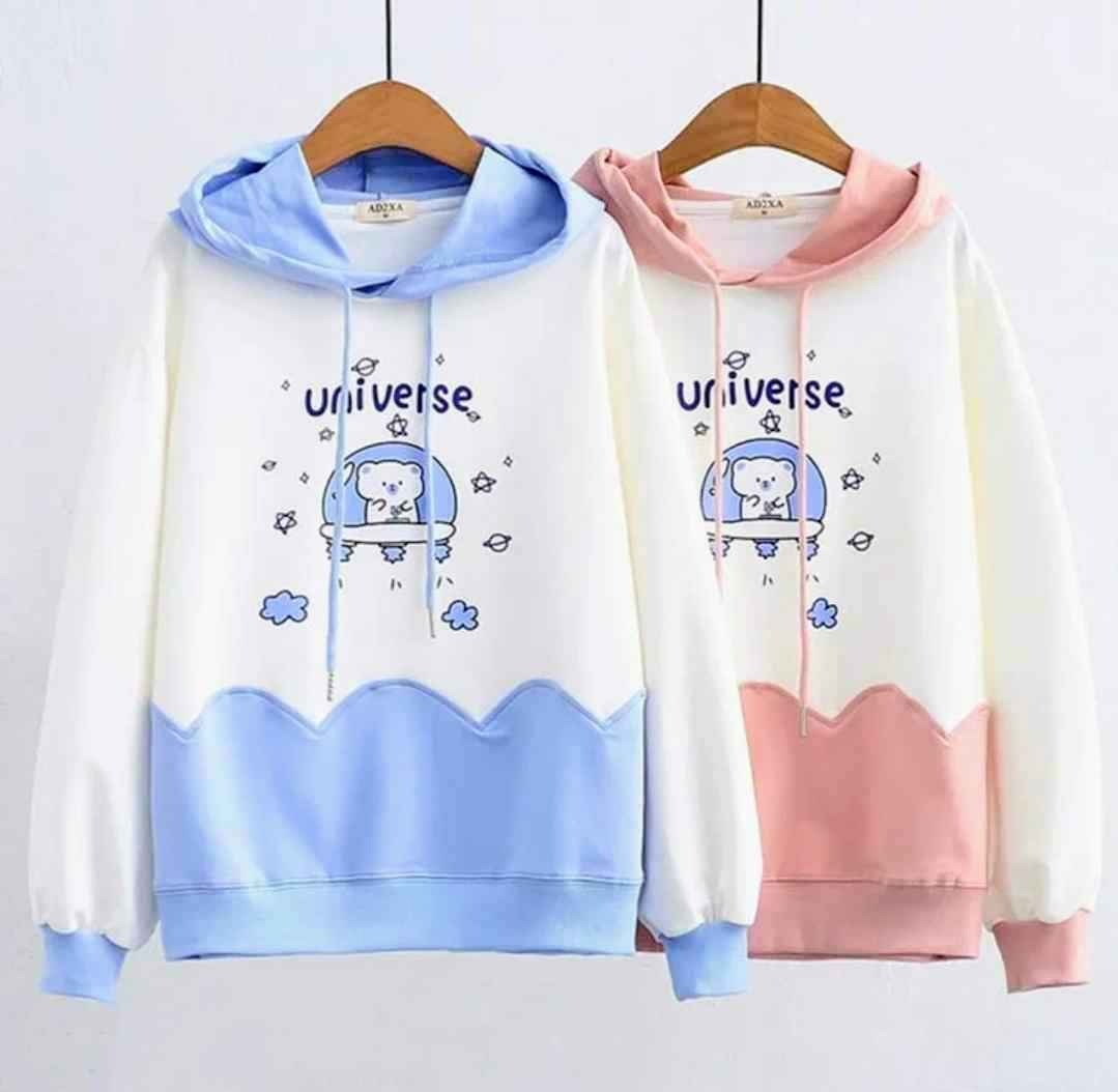 Cartoon Universe Bear Print Colorblock Hoodie