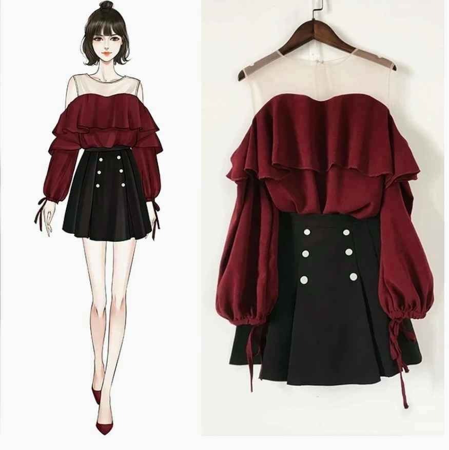 Sweety Chiffon Blouse+Pleated Skirt