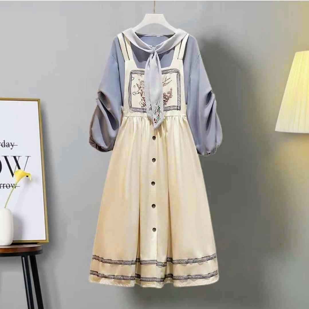 Vintage Floral Embroidery Sweatshirt Overall Dress Set
