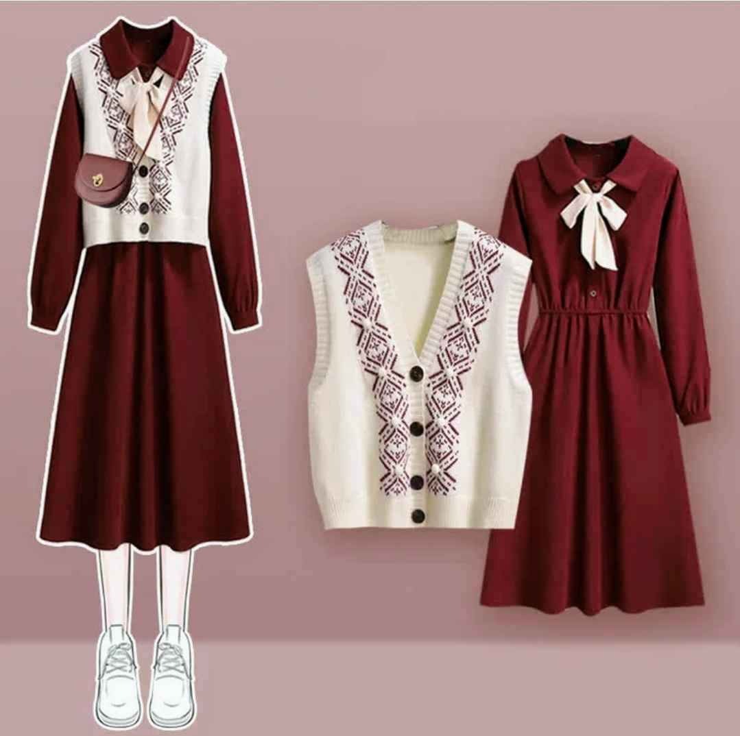 Bow Knot Lapel Dress Rhombus Print Vest Two Pieces Set