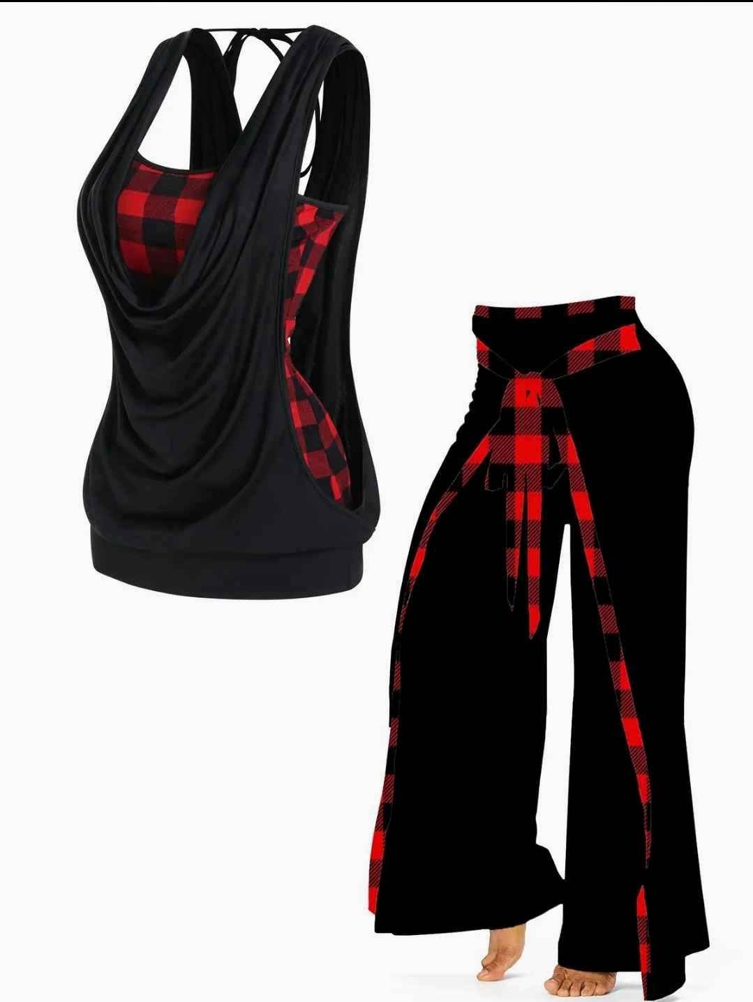 Plaid Print Cowl Neck Draped Tie Back Tops and Faux Bowknot Belt Wide Leg Pants Two