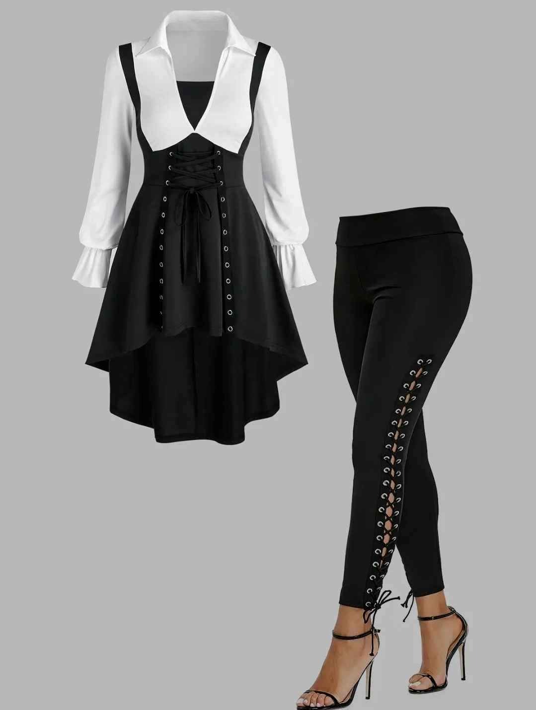 Eyelet Lace-up Contrast High Low Faux Twinset T-Shirt And Plain Lace Up Skinny