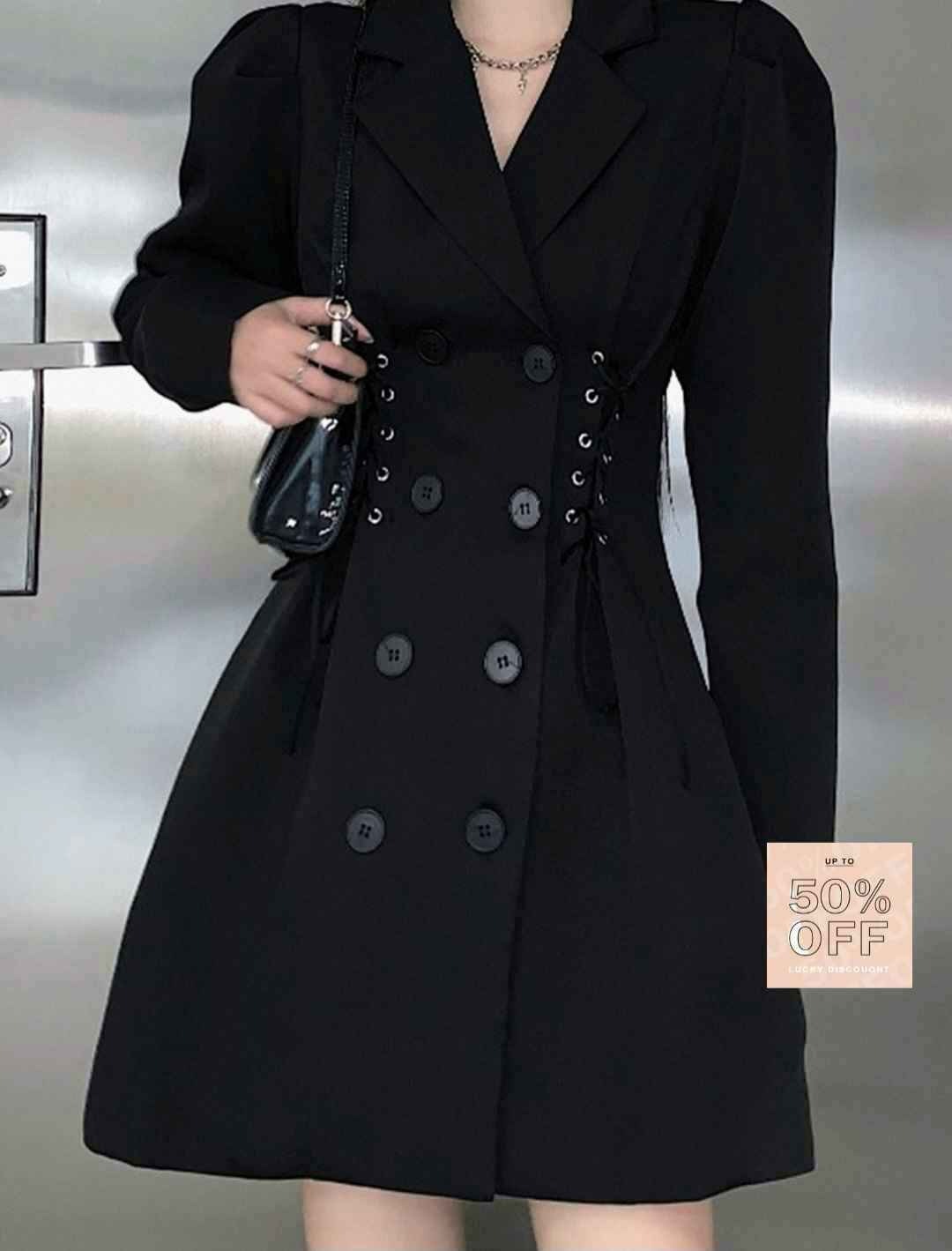 Darkacademias Black Double-breasted Dress