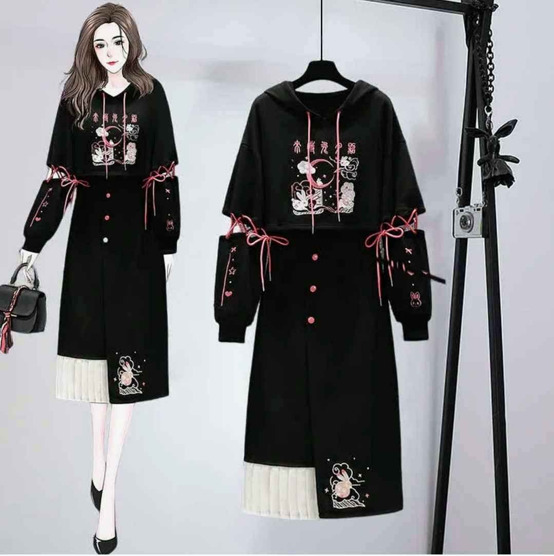 Vintage Rabbit Embroidery Lace Up Sleeve Hoodie Pleated Skirt Two Pieces Set