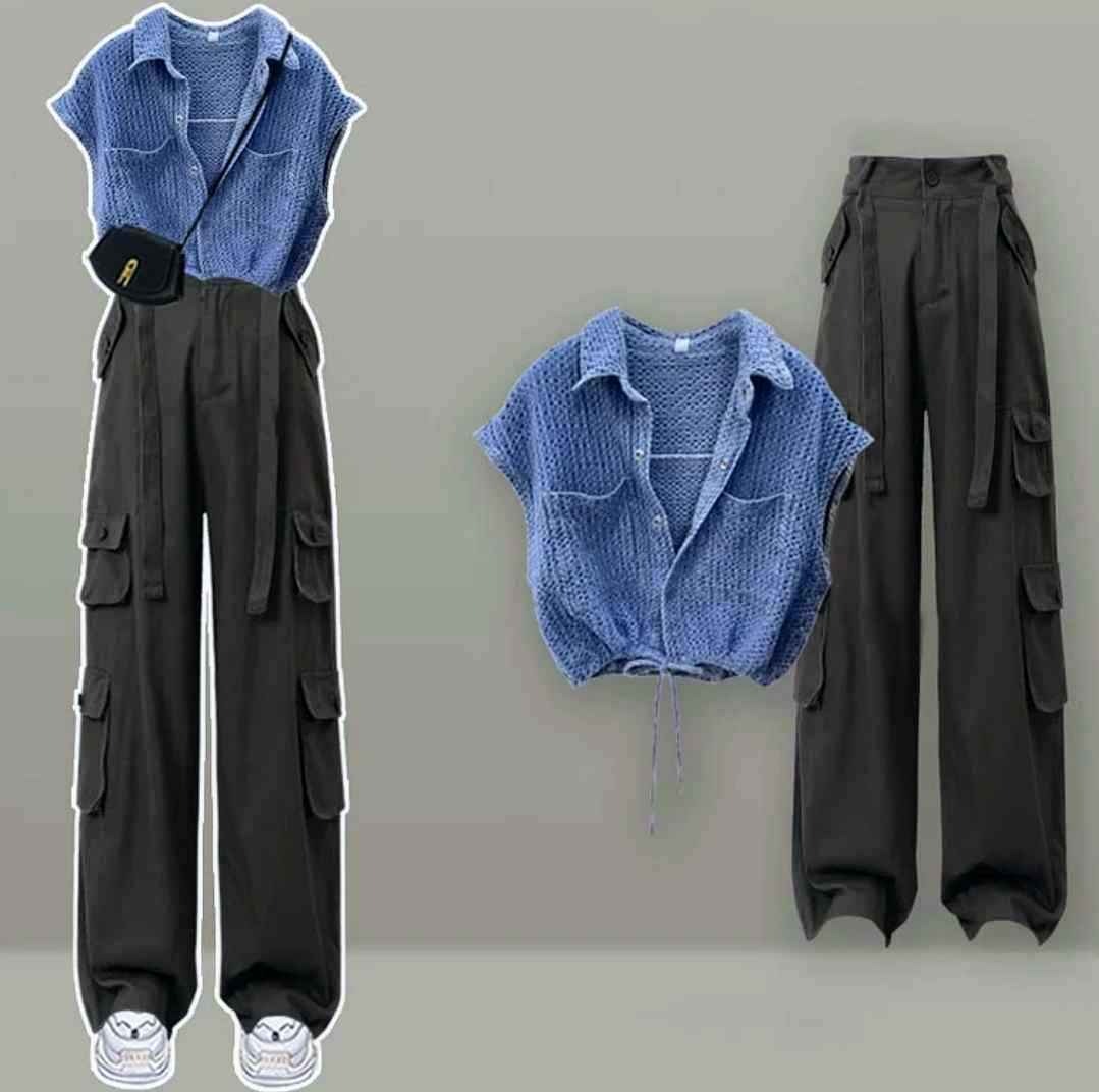 Chic Lace Up Denim Top Casual Pocketed Cargo Pants