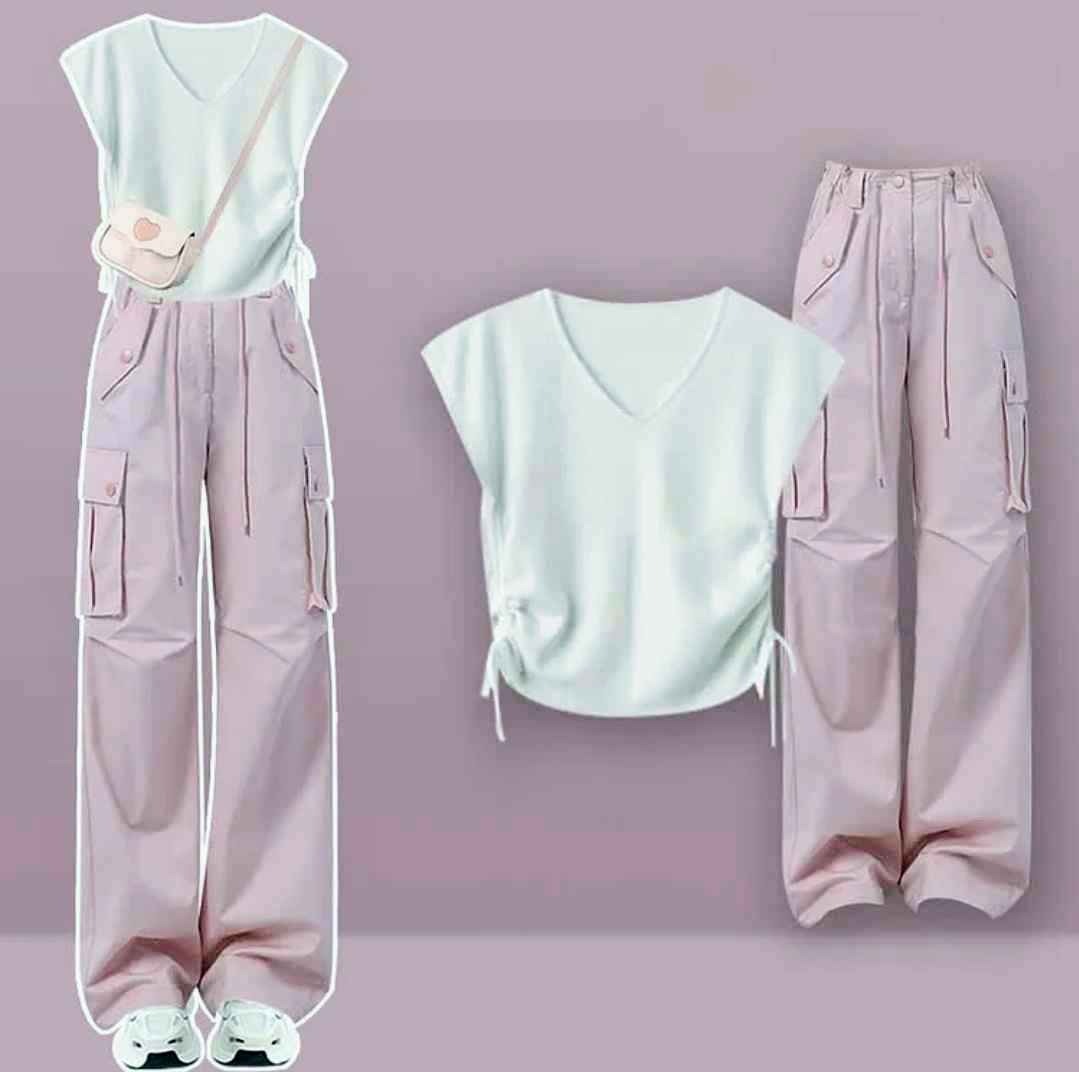 Chic V-neck Drawstring Top Pocketed Cargo Pants