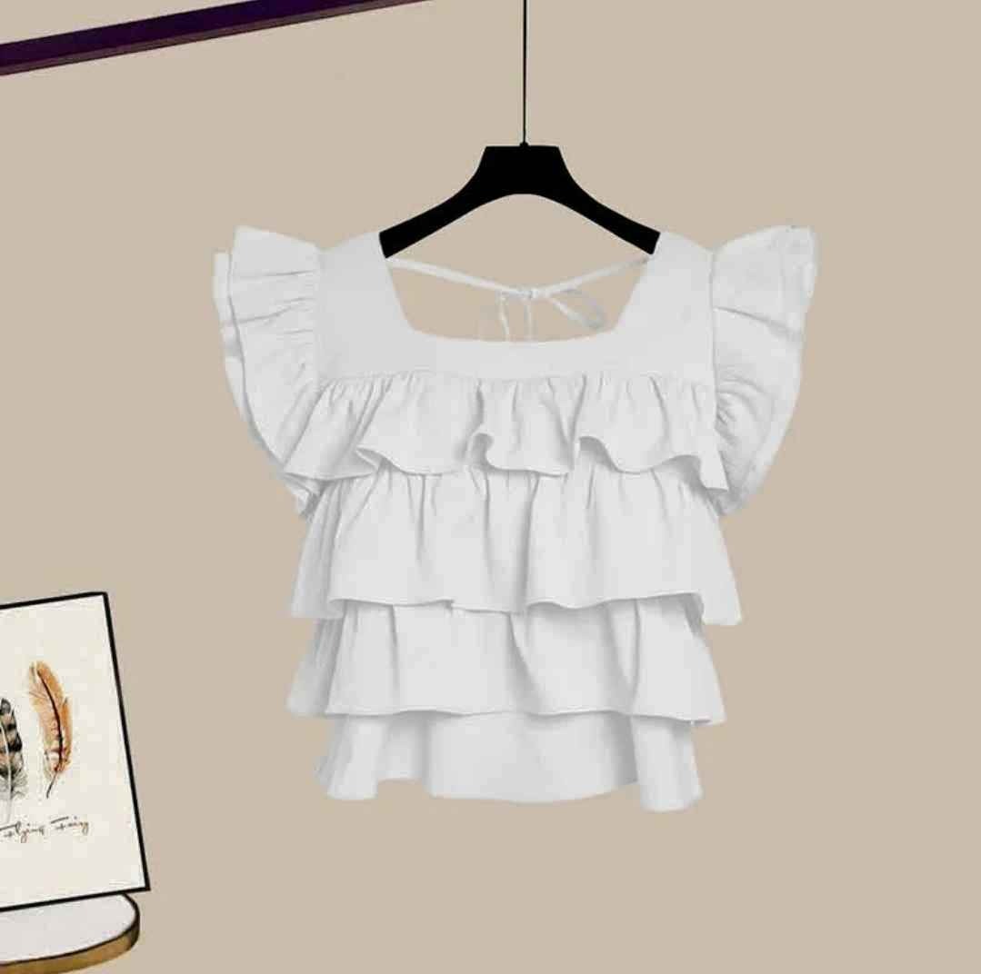 Sqaure Collar Lace Up Layered Top