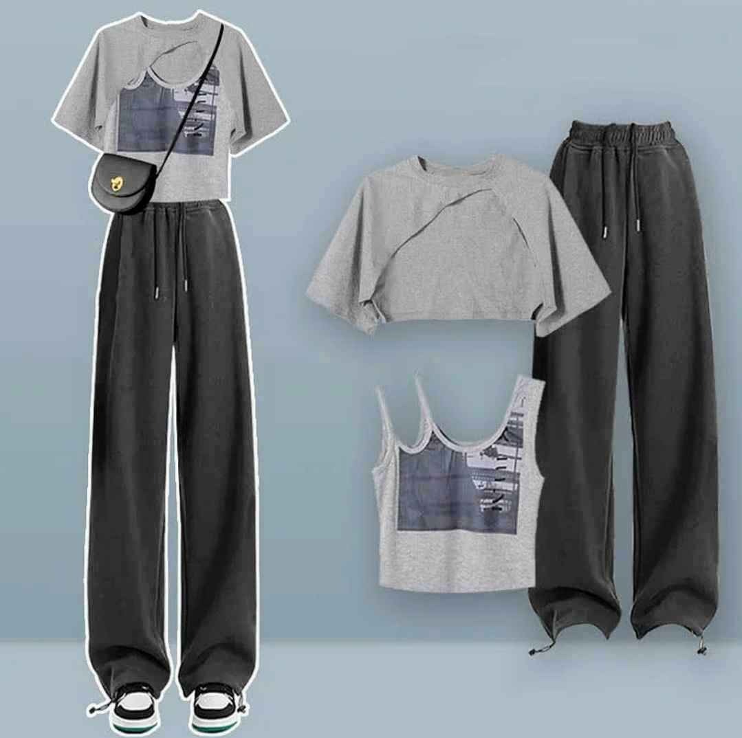 Printed Camisole T-Shirt Drawstring Pants Two Pieces Set