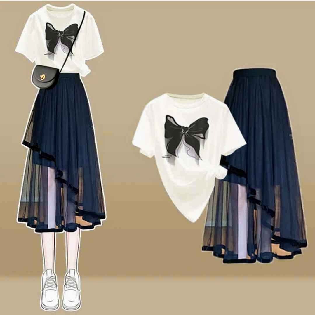 Cartoon Bow Print T-Shirt Irregular Tulle SKirt Two Pieces Set