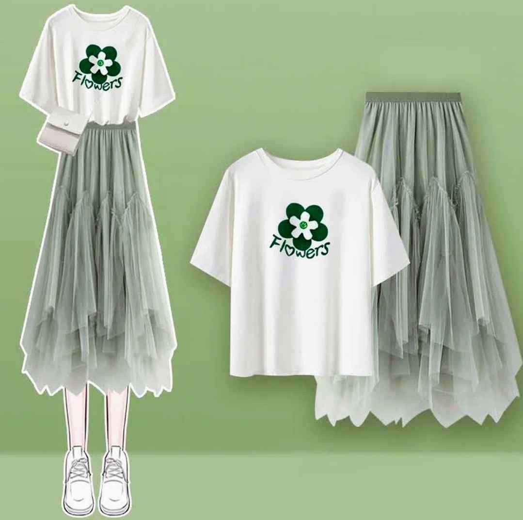 Round Collar Print T-Shirt Irregular Tulle Skirt
