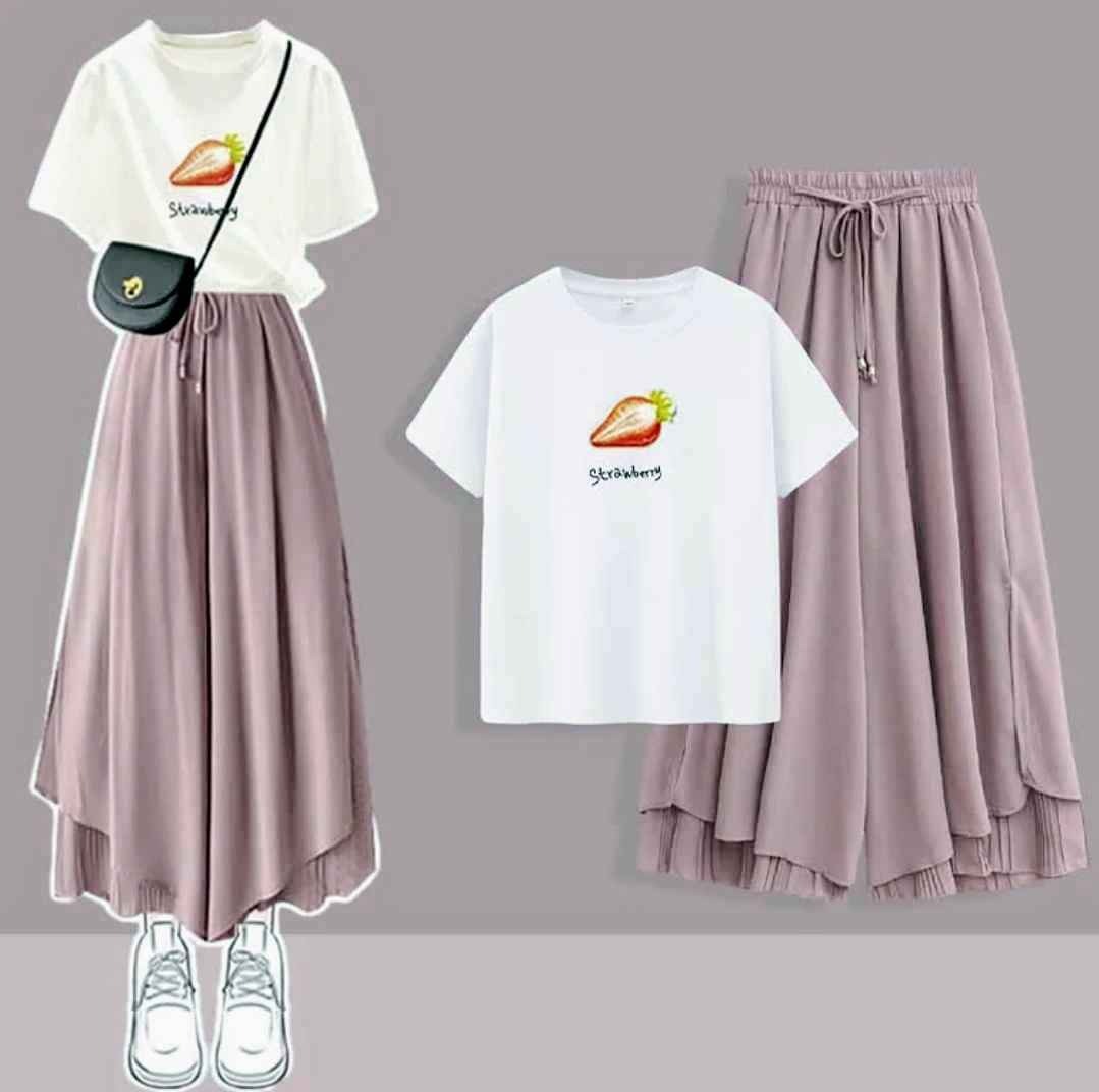 Chic Printed T-Shirt Chiffon Split Wide Leg Pants Two Pieces Set