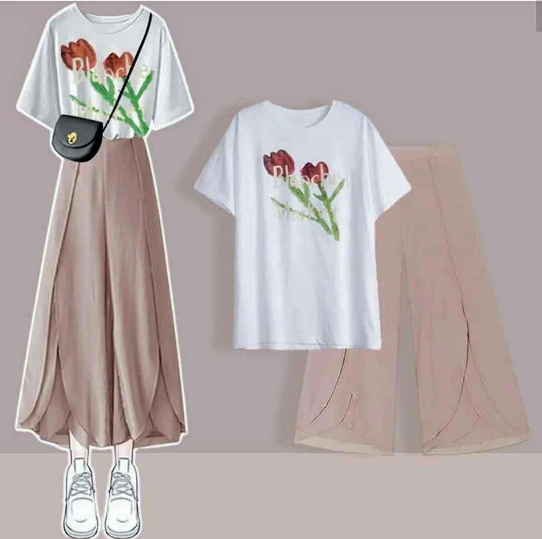 Chic Printed T-Shirt Chiffon Wide Leg Split Pants Two Pieces Set