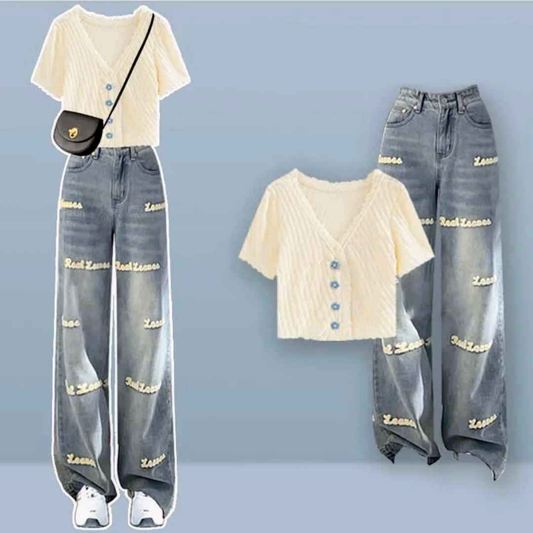 Blossom Button T-Shirt Letter Embroidery Denim Pants Two Pieces Set