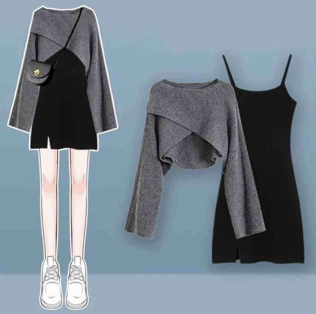 Cross Knit Sweater Lace Up Irregular Ruffled Slip Dress Two Piece Set