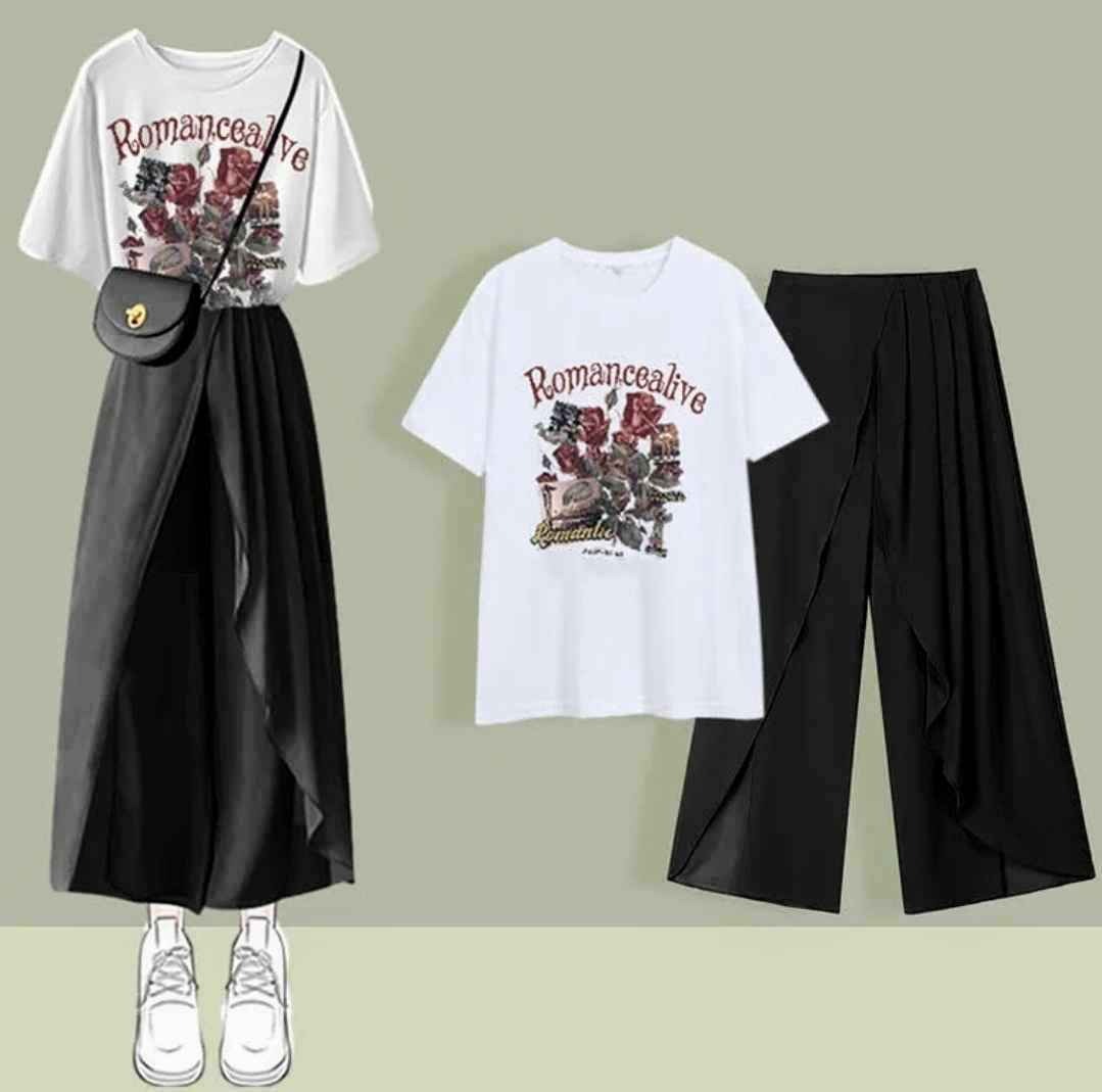 Chic Printed T-Shirt Chiffon Wide Leg Pleated Split Pants Two Pieces Set