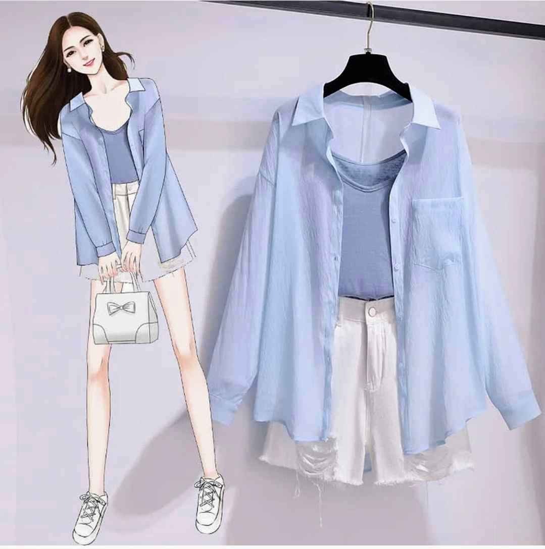 Pure Color Lapel Shirt Cami Top Ripped Denim Shorts