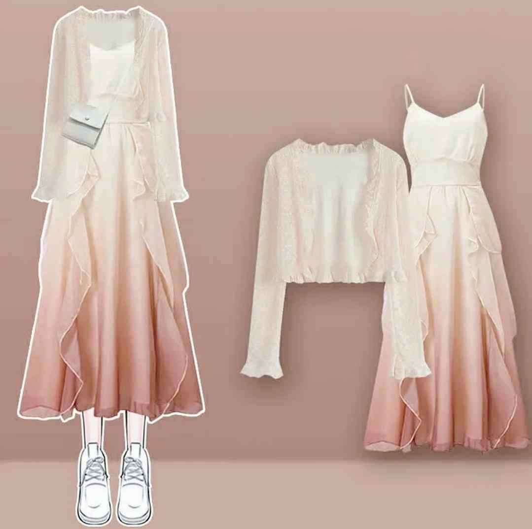 Lace Chiffon Cardigan Flouncing A-line Slip Dress Two Pieces Set