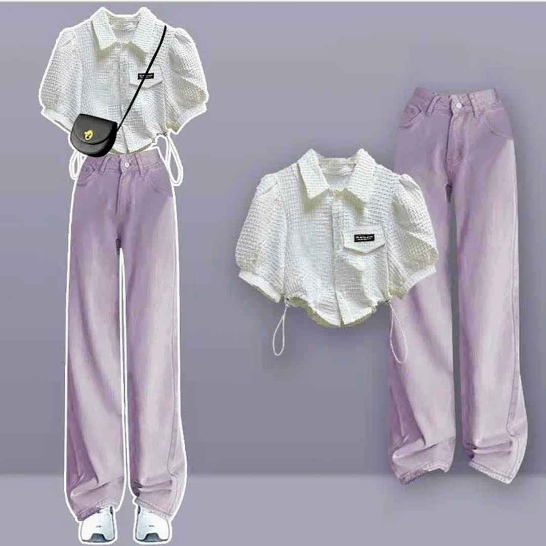 Lapel Puff Seeve Crop T-Shirt Denim Pants Two Pieces Set