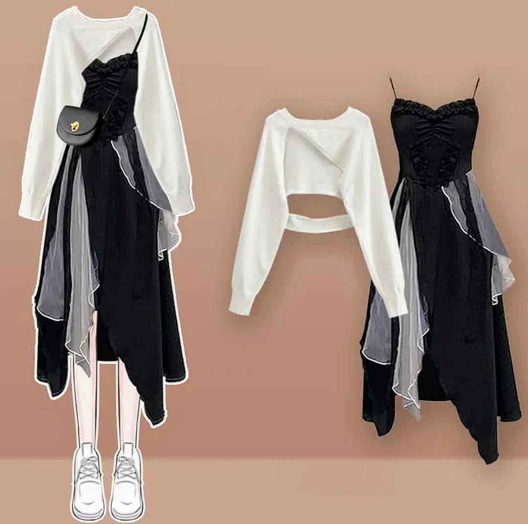 Irregular Hollow Out Top Stitching Tulle Slip Dress Two Pieces Set