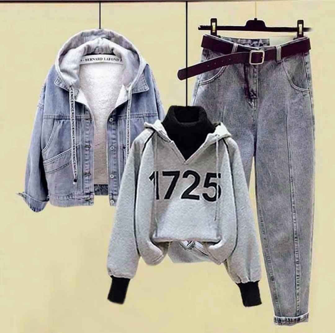 Fleece Hooded Denim Coat Number Print Plush Hoodie Pants Three Pieces Set