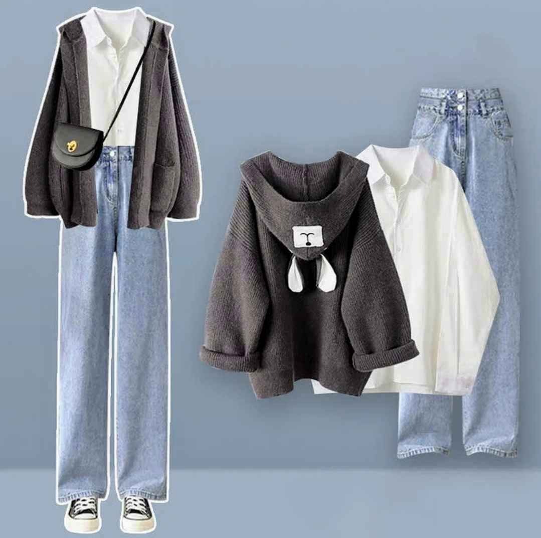 Bear Ears Hooded Cardigan Sweater Lapel Shirt Denim Pants Three Pieces Set