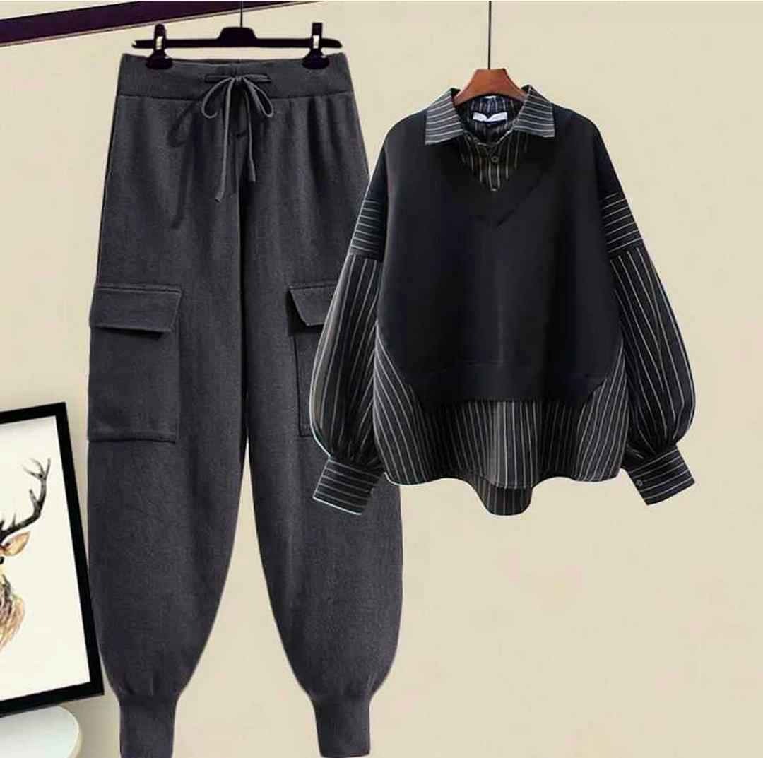 Stripe Lapel Shirt Lace Up Pants Casual Two Pieces Set