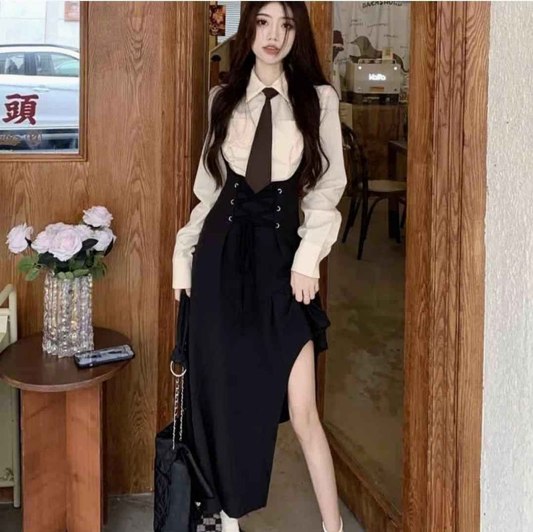 JK Pocketed Tie Polo T-Shirt Irregular Lace Up Suspender Dress